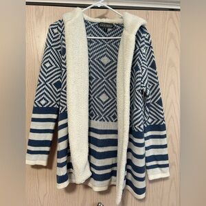 Almost Famous Navy and Cream Hooded Geometric Stripe Cardigan